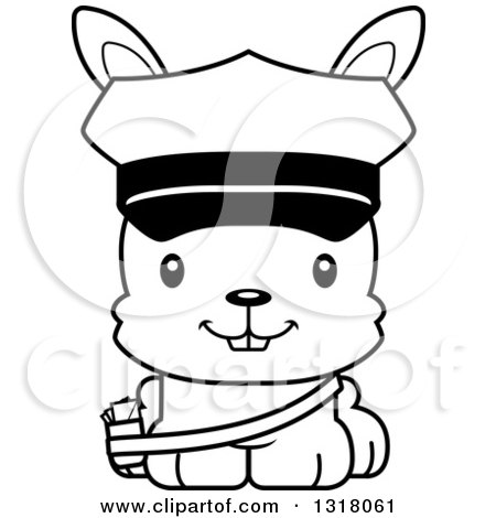 Animal Lineart Clipart of a Cartoon Black and White Cute Happy Rabbit Mail Man - Royalty Free Outline Vector Illustration by Cory Thoman