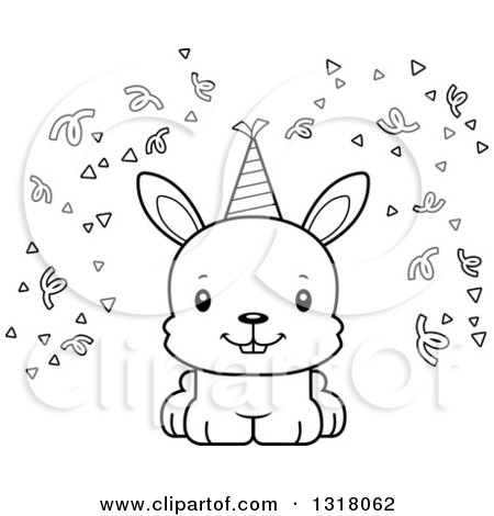 Animal Lineart Clipart of a Cartoon Black and White Cute Happy Party Rabbit - Royalty Free Outline Vector Illustration by Cory Thoman