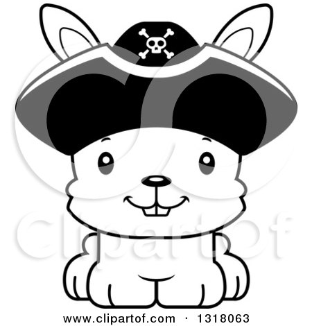 Animal Lineart Clipart of a Cartoon Black and White Cute Happy Rabbit Pirate Captain - Royalty Free Outline Vector Illustration by Cory Thoman