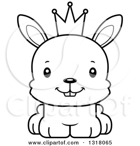 Animal Lineart Clipart of a Cartoon Black and White Cute Happy Rabbit Prince Wearing a Crown - Royalty Free Outline Vector Illustration by Cory Thoman
