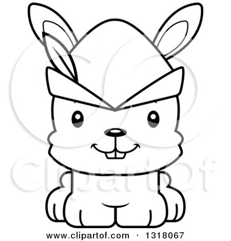 Animal Lineart Clipart of a Cartoon Black and White Cute Happy Robin Hood Rabbit - Royalty Free Outline Vector Illustration by Cory Thoman