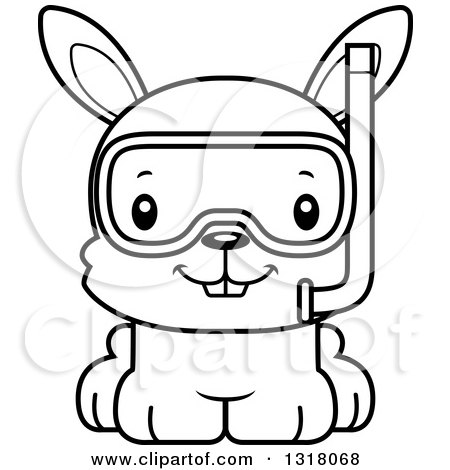 Animal Lineart Clipart of a Cartoon Black and White Cute Happy Rabbit in Snorkel Gear - Royalty Free Outline Vector Illustration by Cory Thoman
