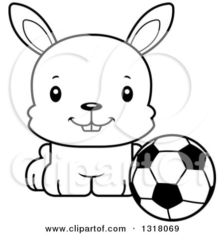 Animal Lineart Clipart of a Cartoon Black and White Cute Happy Rabbit Sitting by a Soccer Ball - Royalty Free Outline Vector Illustration by Cory Thoman