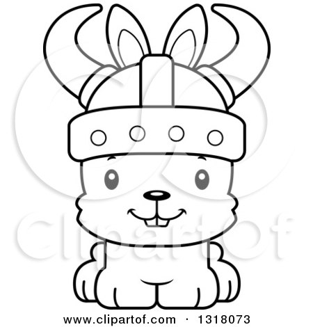 Animal Lineart Clipart of a Cartoon Black and White Cute Happy Rabbit Viking - Royalty Free Outline Vector Illustration by Cory Thoman