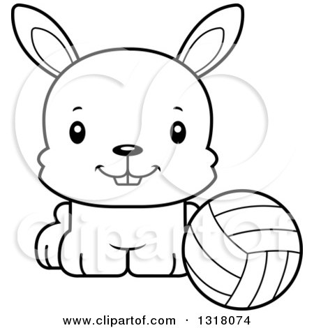 Animal Lineart Clipart of a Cartoon Black and White Cute Happy Rabbit Sitting by a Volleyball - Royalty Free Outline Vector Illustration by Cory Thoman