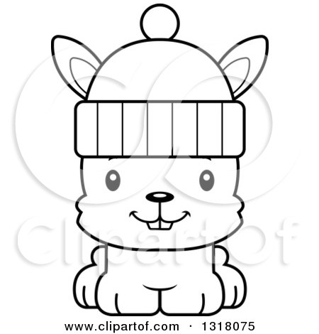 Animal Lineart Clipart of a Cartoon Black and White Cute Happy Rabbit Wearing a Winter Hat - Royalty Free Outline Vector Illustration by Cory Thoman