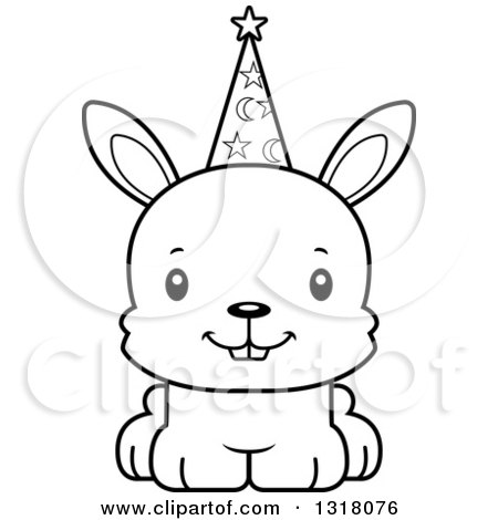 Animal Lineart Clipart of a Cartoon Black and White Cute Happy Rabbit Wizard - Royalty Free Outline Vector Illustration by Cory Thoman