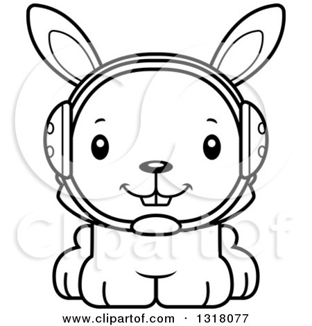 Animal Lineart Clipart of a Cartoon Black and White Cute Happy Rabbit Wrestler - Royalty Free Outline Vector Illustration by Cory Thoman