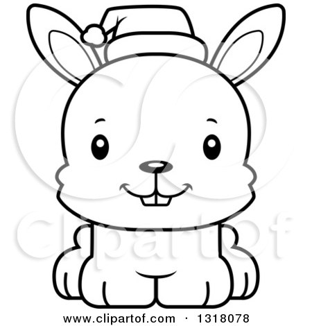 Animal Lineart Clipart of a Cartoon Black and White Cute Happy Christmas Rabbit Wearing a Sant Hat - Royalty Free Outline Vector Illustration by Cory Thoman
