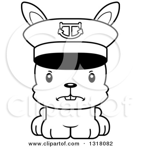 Animal Lineart Clipart of a Cartoon Black and White Cute Mad Rabbit Captain - Royalty Free Outline Vector Illustration by Cory Thoman