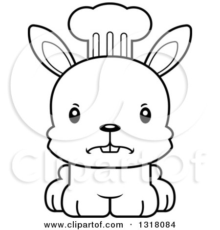 Animal Lineart Clipart of a Cartoon Black and White Cute Mad Rabbit Chef - Royalty Free Outline Vector Illustration by Cory Thoman