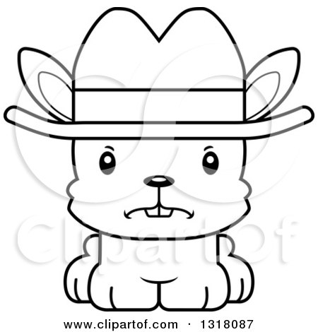 Animal Lineart Clipart of a Cartoon Black and White Cute Mad Rabbit Cowboy - Royalty Free Outline Vector Illustration by Cory Thoman
