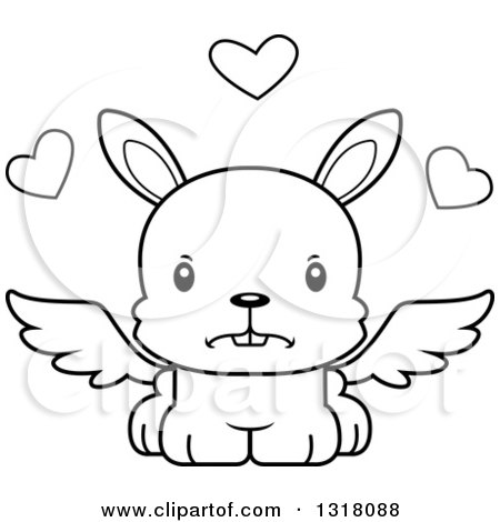 Animal Lineart Clipart of a Cartoon Black and White Cute Mad Rabbit Cupid - Royalty Free Outline Vector Illustration by Cory Thoman