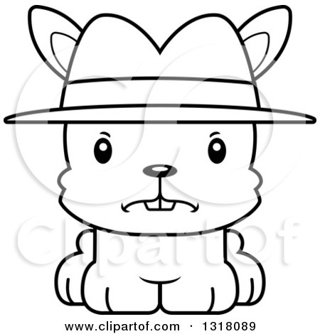 Animal Lineart Clipart of a Cartoon Black and White Cute Mad Rabbit Detective - Royalty Free Outline Vector Illustration by Cory Thoman