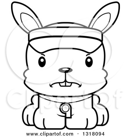 Animal Lineart Clipart of a Cartoon Black and White Cute Mad Rabbit Lifeguard - Royalty Free Outline Vector Illustration by Cory Thoman