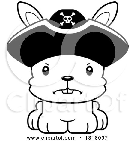 Animal Lineart Clipart of a Cartoon Black and White Cute Mad Rabbit Pirate Captain - Royalty Free Outline Vector Illustration by Cory Thoman