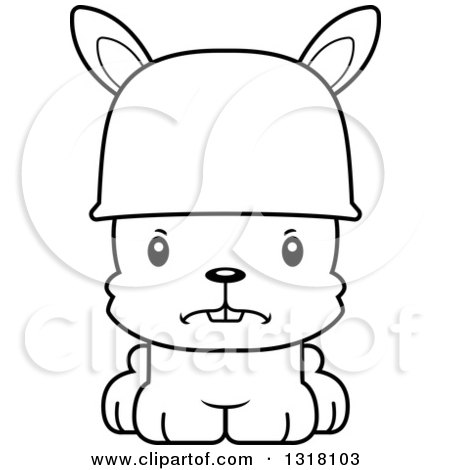 Animal Lineart Clipart of a Cartoon Black and White Cute Mad Rabbit Army Soldier - Royalty Free Outline Vector Illustration by Cory Thoman