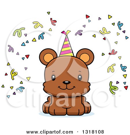 Animal Clipart of a Cartoon Cute Happy Bear Cub with Party Confetti and a Hat - Royalty Free Vector Illustration by Cory Thoman