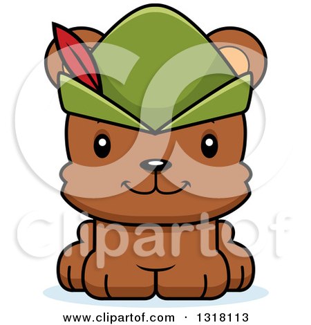 Animal Clipart of a Cartoon Cute Happy Bear Cub Robin Hood - Royalty Free Vector Illustration by Cory Thoman