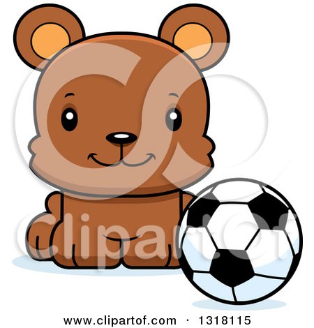 Animal Clipart of a Cartoon Cute Happy Bear Cub Sitting with a Soccer Ball - Royalty Free Vector Illustration by Cory Thoman