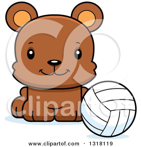 Animal Clipart of a Cartoon Cute Happy Bear Cub Sitting with a Volleyball - Royalty Free Vector Illustration by Cory Thoman