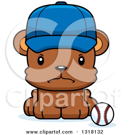 Animal Clipart of a Cartoon Cute Mad Bear Cub Wearing a Cap and Sitting by a Baseball - Royalty Free Vector Illustration by Cory Thoman