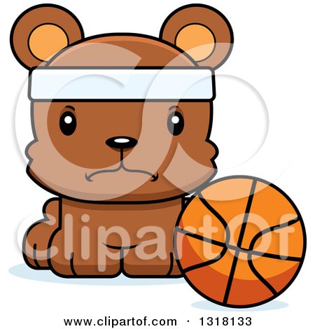 Animal Clipart of a Cartoon Cute Mad Bear Cub Wearing a Headband and Sitting by a Basketball - Royalty Free Vector Illustration by Cory Thoman