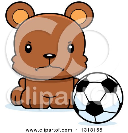 Animal Clipart of a Cartoon Cute Mad Bear Cub Sitting with a Soccer Ball - Royalty Free Vector Illustration by Cory Thoman
