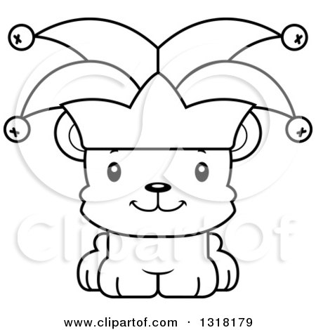 Animal Lineart Clipart of a Cartoon Black and White Cute Happy Bear Cub Jester - Royalty Free Outline Vector Illustration by Cory Thoman