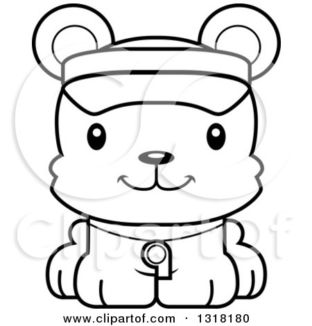 Animal Lineart Clipart of a Cartoon Black and White Cute Happy Bear Cub Lifeguard - Royalty Free Outline Vector Illustration by Cory Thoman