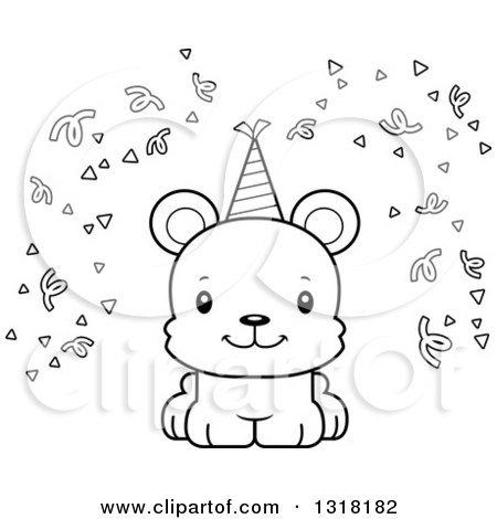 Animal Lineart Clipart of a Cartoon Black and White Cute Happy Bear Cub with Party Confetti and a Hat - Royalty Free Outline Vector Illustration by Cory Thoman