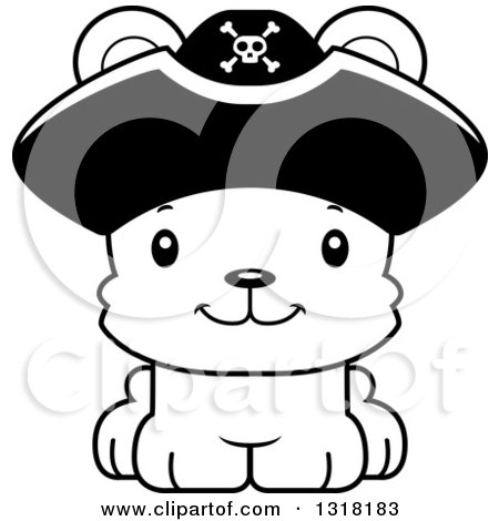 Animal Lineart Clipart of a Cartoon Black and White Cute Happy Bear Cub Pirate - Royalty Free Outline Vector Illustration by Cory Thoman