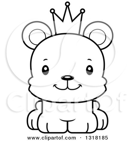 Animal Lineart Clipart of a Cartoon Black and White Cute Happy Bear Cub Prince - Royalty Free Outline Vector Illustration by Cory Thoman