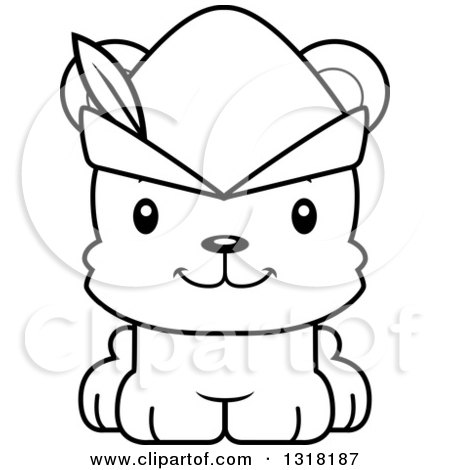 Animal Lineart Clipart of a Cartoon Black and White Cute Happy Bear Cub Robin Hood - Royalty Free Outline Vector Illustration by Cory Thoman