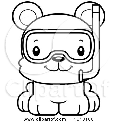 Animal Lineart Clipart of a Cartoon Black and White Cute Happy Bear Cub Wearing Snorkel Gear - Royalty Free Outline Vector Illustration by Cory Thoman