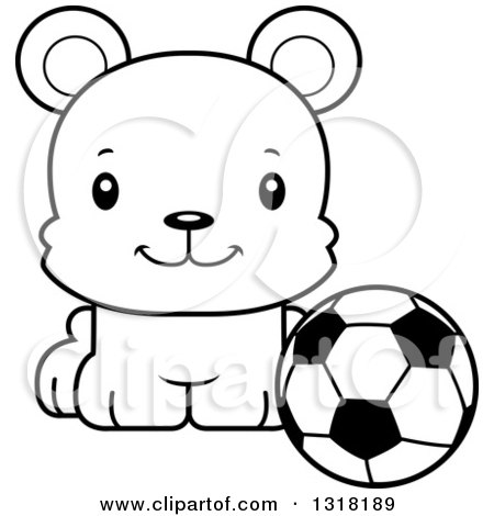 Animal Lineart Clipart of a Cartoon Black and White Cute Happy Bear Cub Sitting with a Soccer Ball - Royalty Free Outline Vector Illustration by Cory Thoman