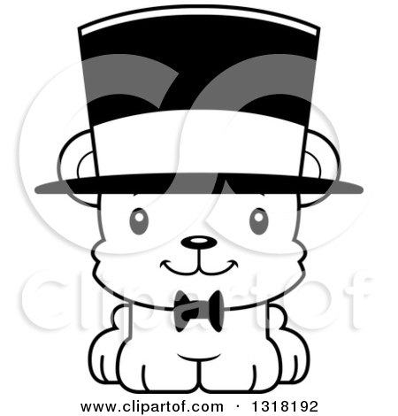 Animal Lineart Clipart of a Cartoon Black and White Cute Happy Bear Cub Gentleman Wearing a Top Hat - Royalty Free Outline Vector Illustration by Cory Thoman