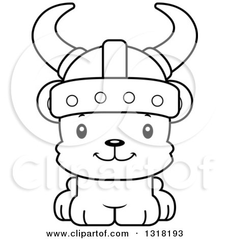 Animal Lineart Clipart of a Cartoon Black and White Cute Happy Bear Cub Viking - Royalty Free Outline Vector Illustration by Cory Thoman