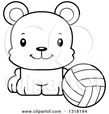 Animal Lineart Clipart of a Cartoon Black and White Cute Happy Bear Cub Sitting with a Volleyball - Royalty Free Outline Vector Illustration by Cory Thoman