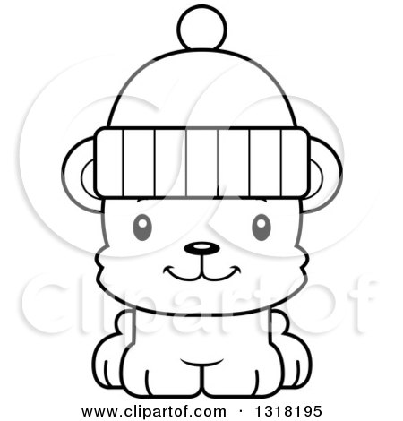 Animal Lineart Clipart of a Cartoon Black and White Cute Happy Bear Cub Wearing a Winter Cap - Royalty Free Outline Vector Illustration by Cory Thoman