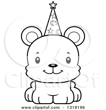Animal Lineart Clipart of a Cartoon Black and White Cute Happy Bear Cub Wizard - Royalty Free Outline Vector Illustration by Cory Thoman