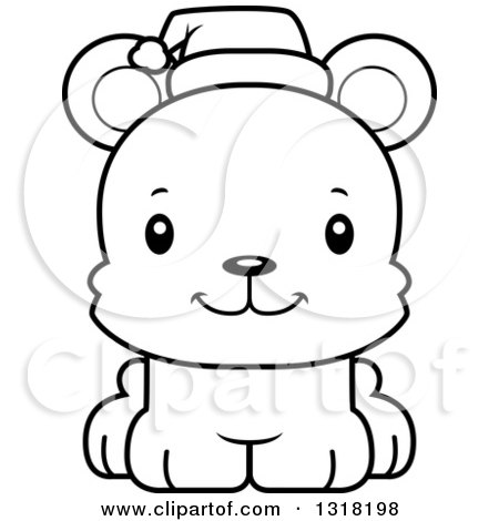 Animal Lineart Clipart of a Cartoon Black and White Cute Happy Christmas Bear Cub - Royalty Free Outline Vector Illustration by Cory Thoman
