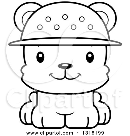 Animal Lineart Clipart of a Cartoon Black and White Cute Happy Bear Cub Zookeeper - Royalty Free Outline Vector Illustration by Cory Thoman