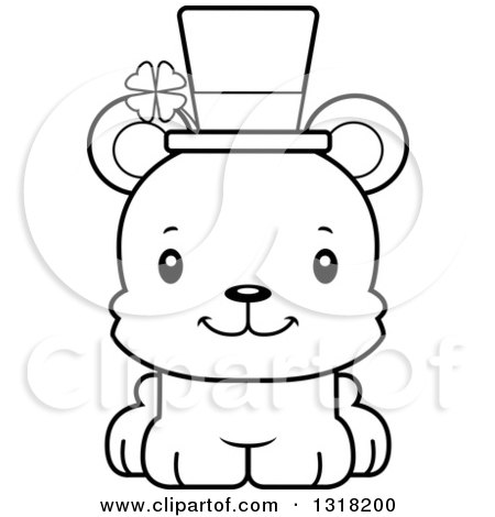 Animal Lineart Clipart of a Cartoon Black and White Cute Happy Irish St Patricks Day Bear Cub - Royalty Free Outline Vector Illustration by Cory Thoman