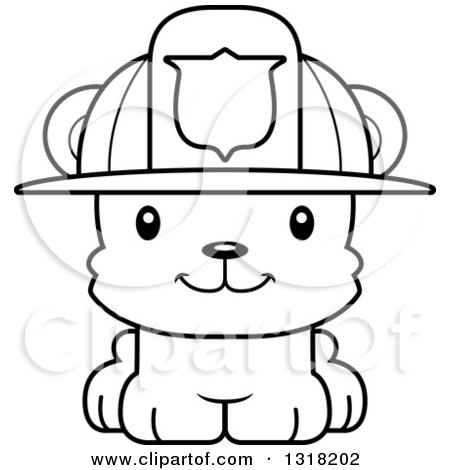 Animal Lineart Clipart of a Cartoon Black and White Cute Happy Bear Cub Fire Fighter - Royalty Free Outline Vector Illustration by Cory Thoman