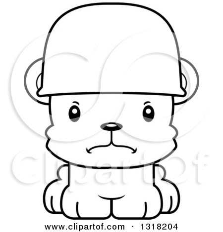 Animal Lineart Clipart of a Cartoon Black and White Cute Mad Army Soldier Bear Cub Wearing a Helmet - Royalty Free Outline Vector Illustration by Cory Thoman