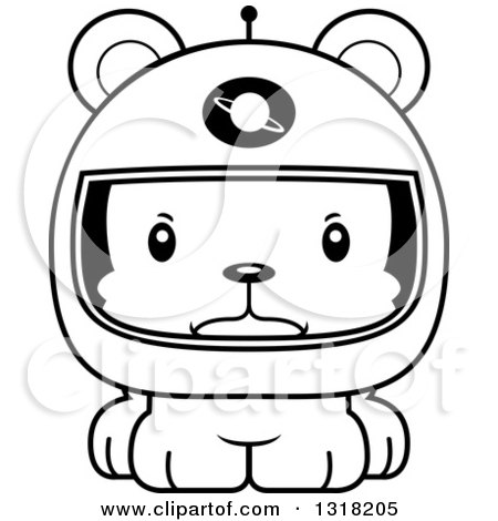 Animal Lineart Clipart of a Cartoon Black and White Cute Mad Bear Cub Astronaut - Royalty Free Outline Vector Illustration by Cory Thoman