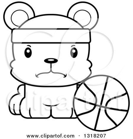 Animal Lineart Clipart of a Cartoon Black and White Cute Mad Bear Cub Wearing a Headband and Sitting by a Basketball - Royalty Free Outline Vector Illustration by Cory Thoman