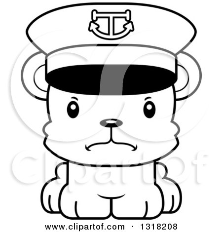 Animal Lineart Clipart of a Cartoon Black and White Cute Mad Bear Cub Captain - Royalty Free Outline Vector Illustration by Cory Thoman