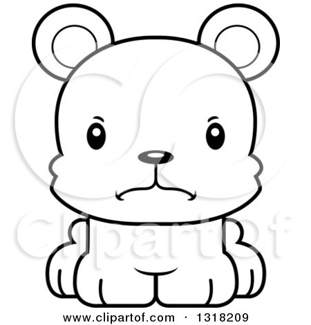 Animal Lineart Clipart of a Cartoon Black and White Cute Mad Bear Cub - Royalty Free Outline Vector Illustration by Cory Thoman